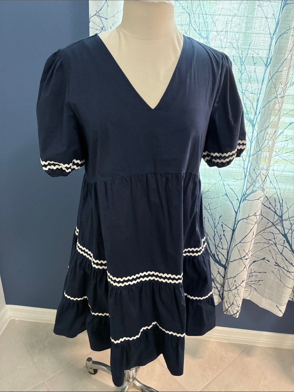 Cynthia Rowley Navy V-Neck Tiered Dress with White Trim